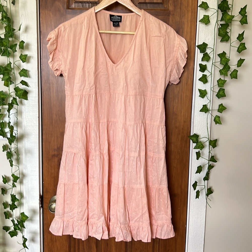 ANGIE Tiered Cottagecore Ruffle Mini Dress in Peach | S